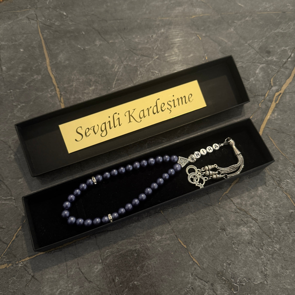 Tesbih mit Name + BOX mit Wunschtext - Dark Blue
