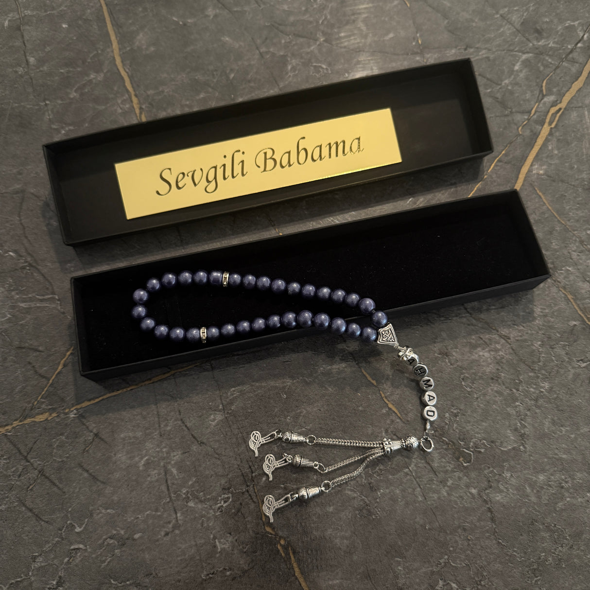 Tesbih mit Name + BOX mit Wunschtext - Dark Blue