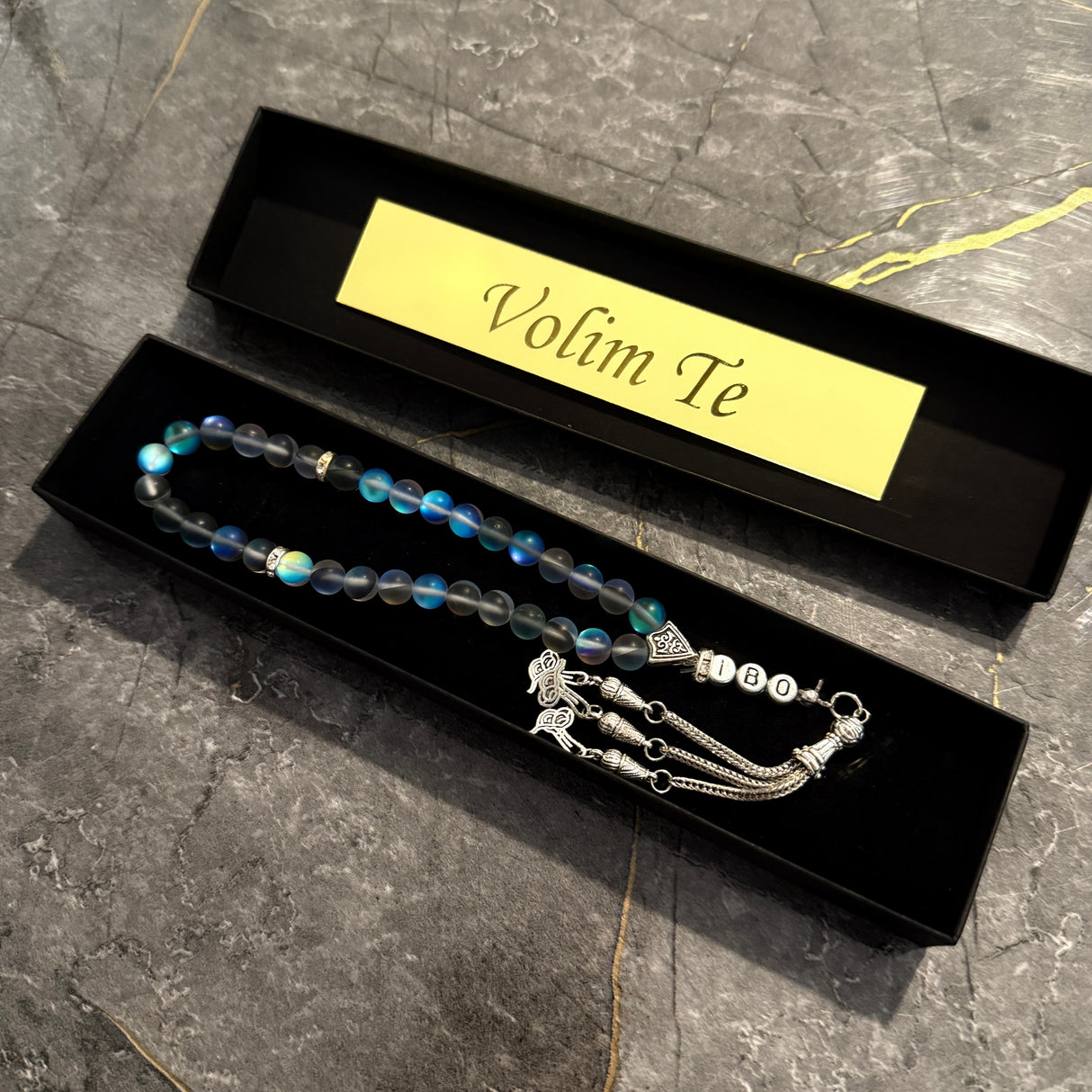 Tesbih mit Name + BOX mit Wunschtext - Shiny Pearls (Blue/Silver/White)