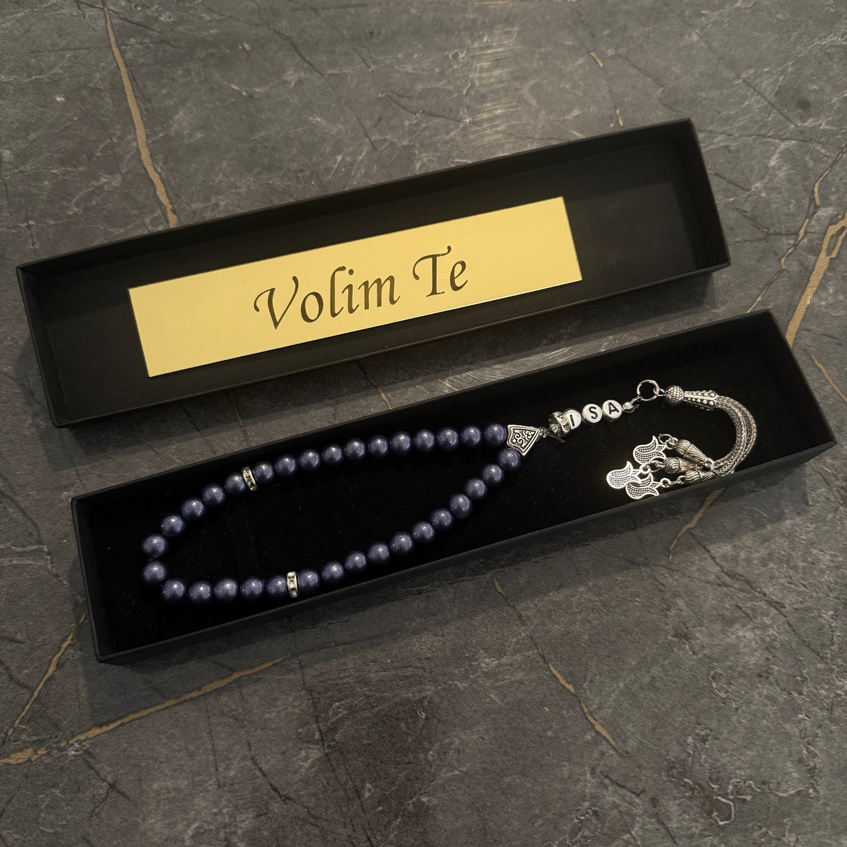 Tesbih mit Name + BOX mit Wunschtext - Dark Blue