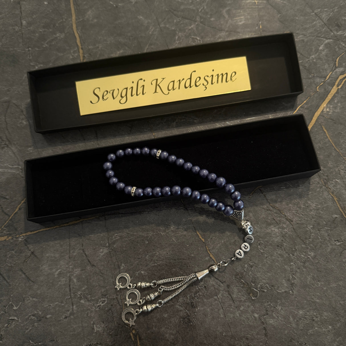 Tesbih mit Name + BOX mit Wunschtext - Dark Blue