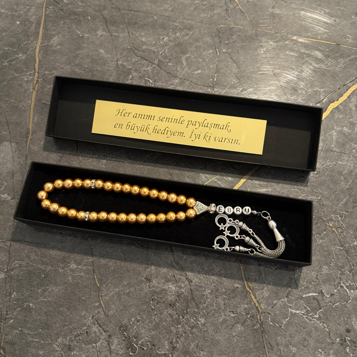 Tesbih mit Name + BOX mit Wunschtext - Gold