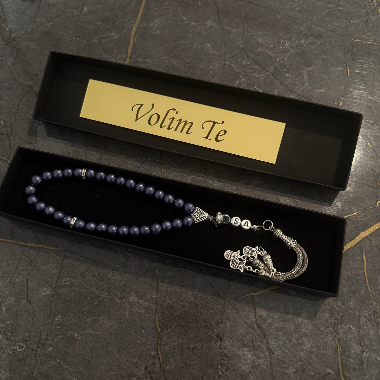 Tesbih mit Name + BOX mit Wunschtext - Dark Blue
