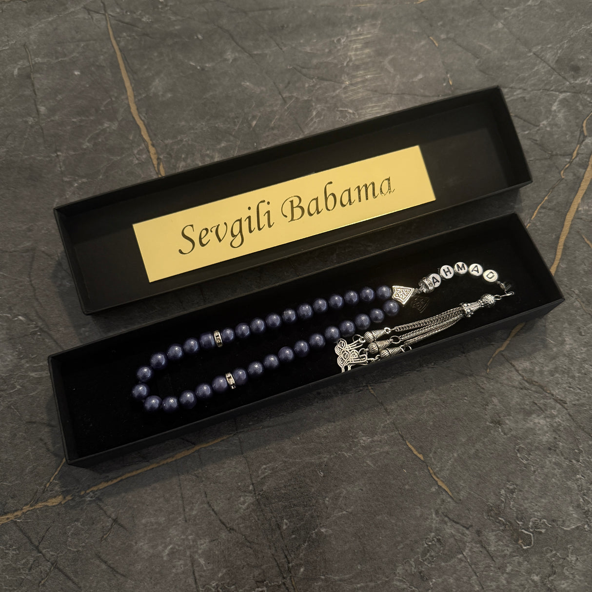 Tesbih mit Name + BOX mit Wunschtext - Dark Blue