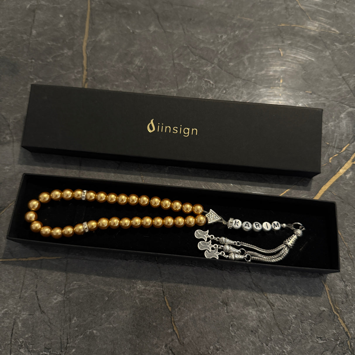 Tesbih mit Name + BOX mit Wunschtext - Gold