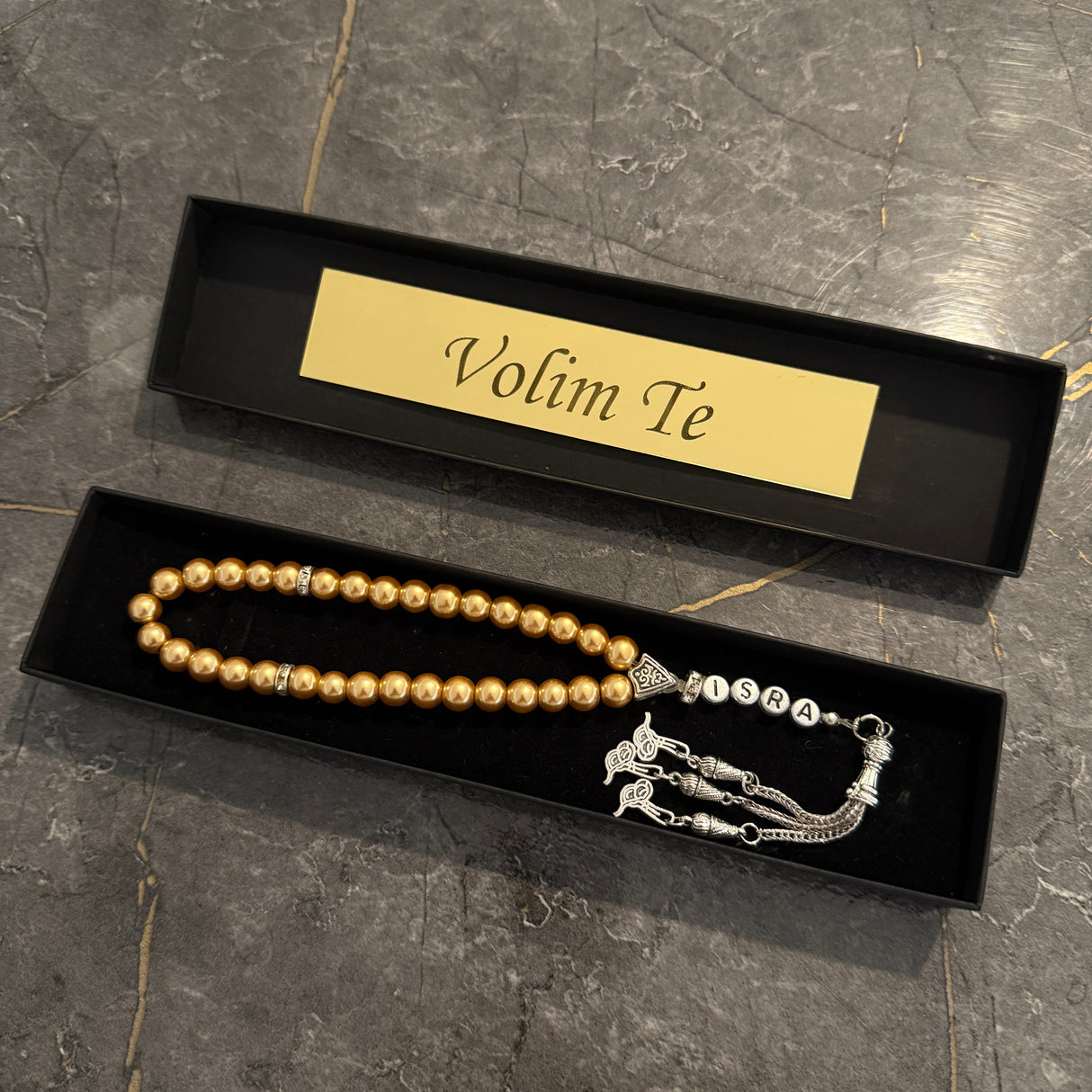 Tesbih mit Name + BOX mit Wunschtext - Gold