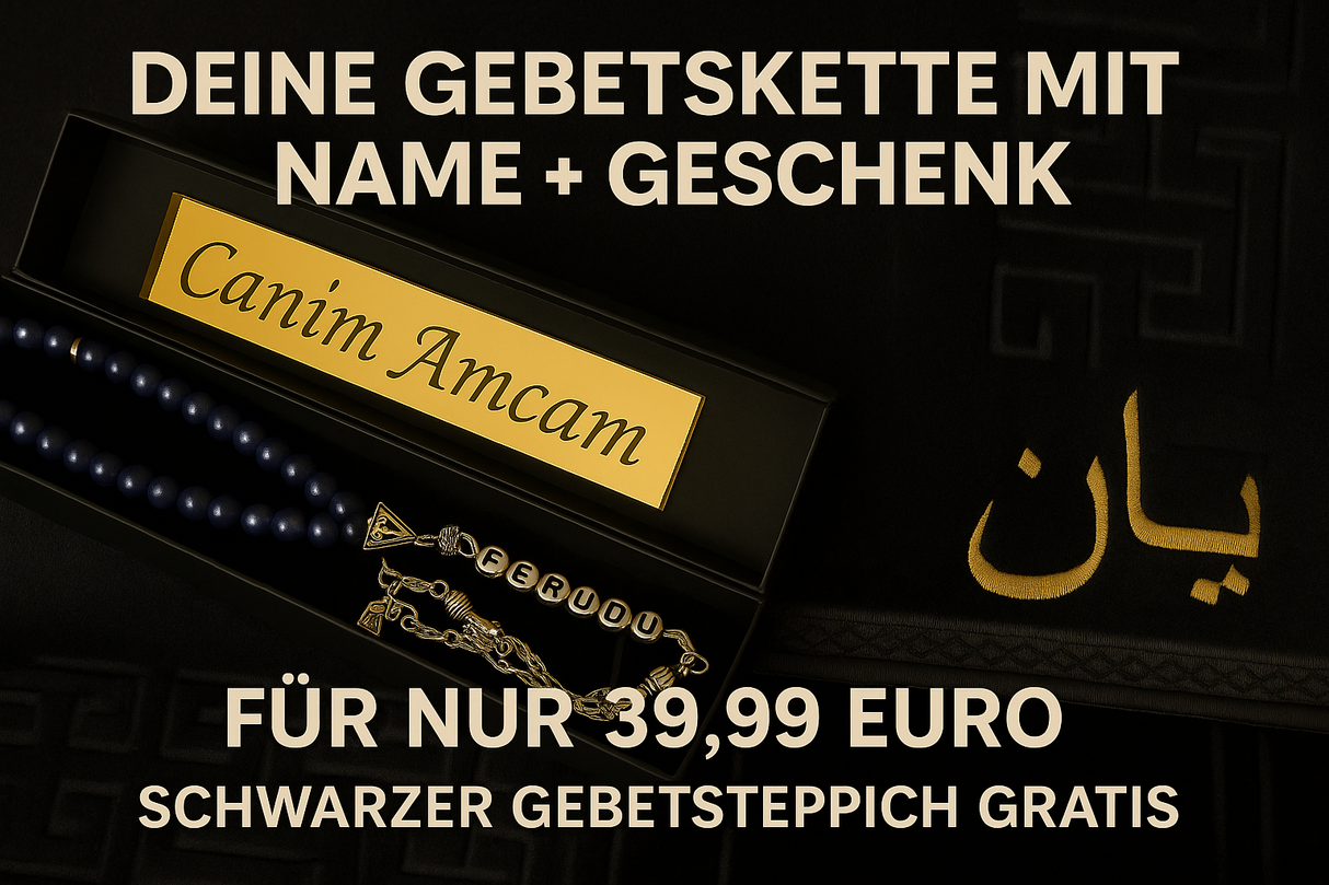 Tesbih mit Name + BOX mit Wunschtext - Shiny Pearls + Gebetsteppich