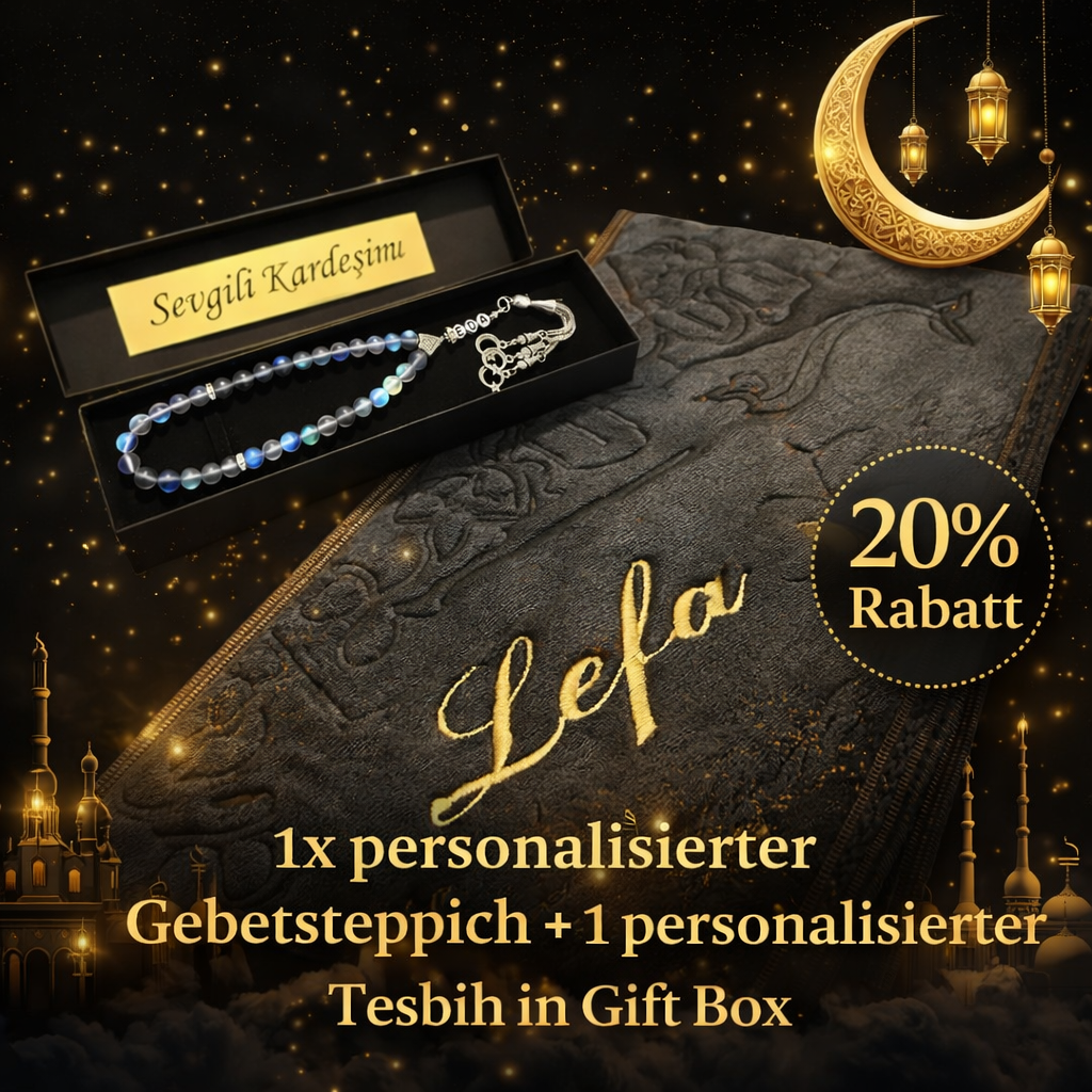 Special Set - Tesbih mit Name + BOX mit Wunschtext - SHINY PEARLS + Gebetsteppich
