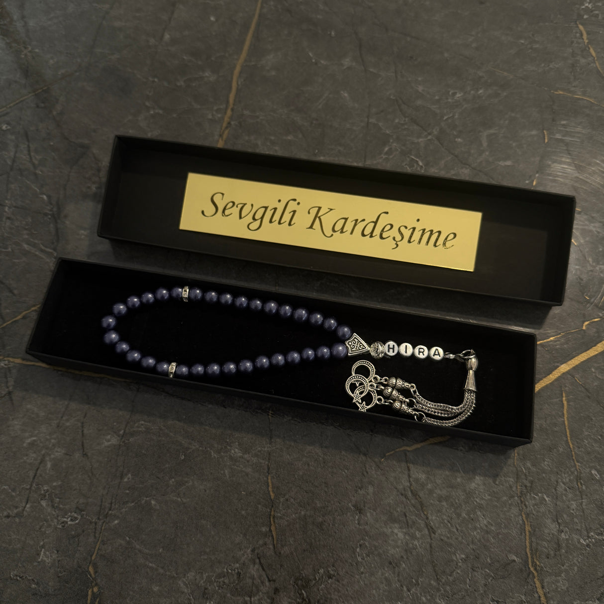 Tesbih mit Name + BOX mit Wunschtext - Dark Blue