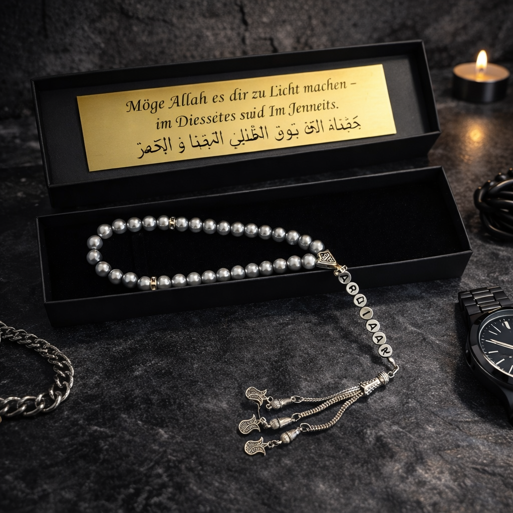 Tesbih mit Name + BOX mit Wunschtext - Silver