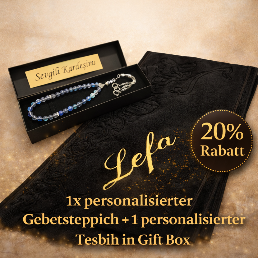 Special Set - Tesbih mit Name + BOX mit Wunschtext - SHINY PEARLS + Gebetsteppich