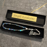 Tesbih mit Name - Shiny Pearls (Blue/Silver/White)