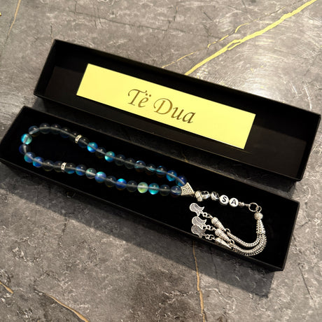Tesbih mit Name - Shiny Pearls (Blue/Silver/White)
