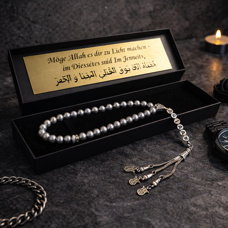 Tesbih mit Name + BOX mit Wunschtext - Silver