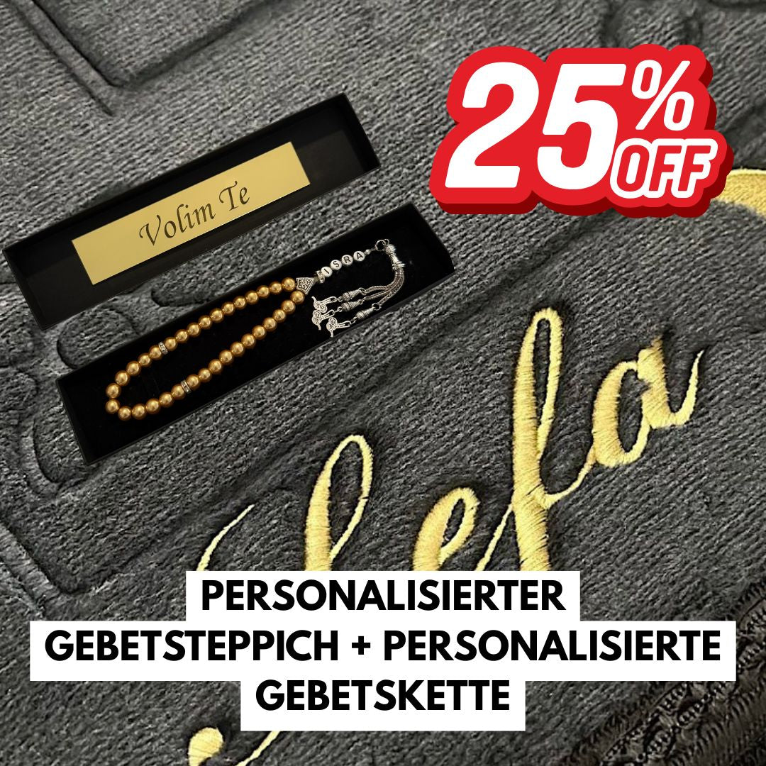 Special Set - Tesbih mit Name + BOX mit Wunschtext - Gold + Gebetsteppich