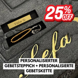 Special Set - Tesbih mit Name + BOX mit Wunschtext - Gold + Gebetsteppich