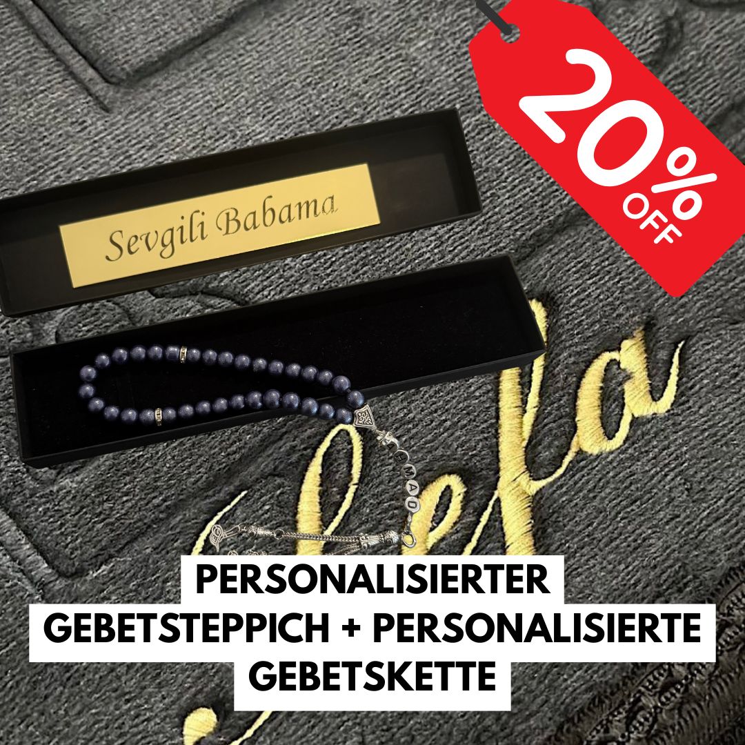 Special Set - Tesbih mit Name + BOX mit Wunschtext - Anthrazit + Gebetsteppich