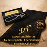 Special Set - Tesbih mit Name + BOX mit Wunschtext - SHINY PEARLS + Gebetsteppich