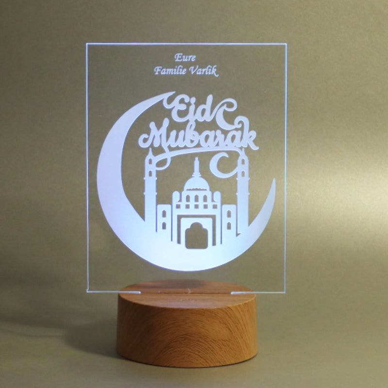 Personalisierte islamische Eid Mubarak Deko als Geschenk auf hochwertigem Acrylglas mit Holz-LED-Leuchte