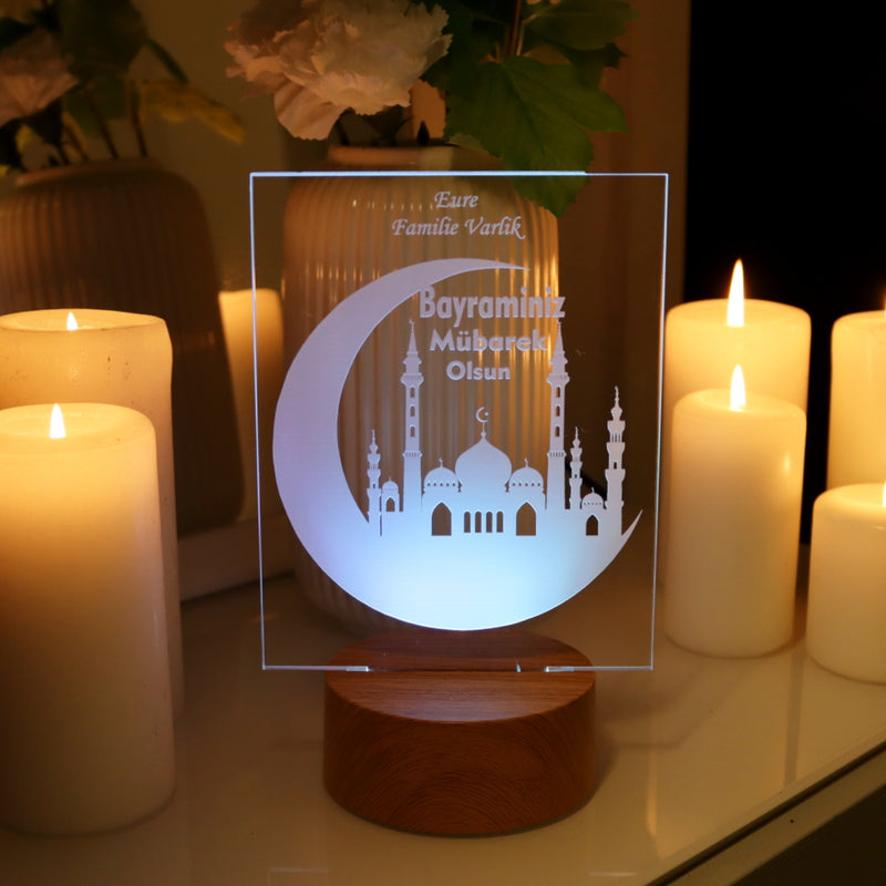 Personalisierte islamische Bayram Dekoration als Geschenk mit Holz-LED-Leuchte